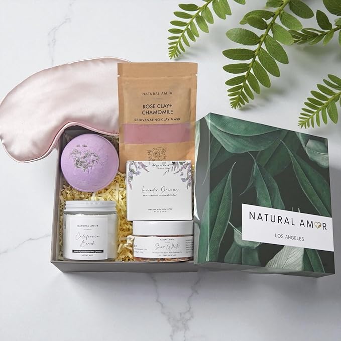 Natural Amor Spa Gift Set for Women 6 PCS– Relaxation Kit with Handmade Soap, Bath Bombs, Candle, Christmas Gift Box for Her, Self Care Birthday Gifts