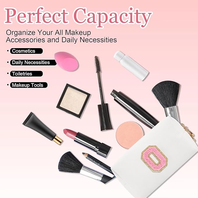 Small Personalized Letter Makeup Bag, Cute PU Leather Chenille Letters Cosmetic Bag Travel Makeup Pouch, Preppy Travel Organizer Zipper Pouch for Women&Girls（WhitePink-O）