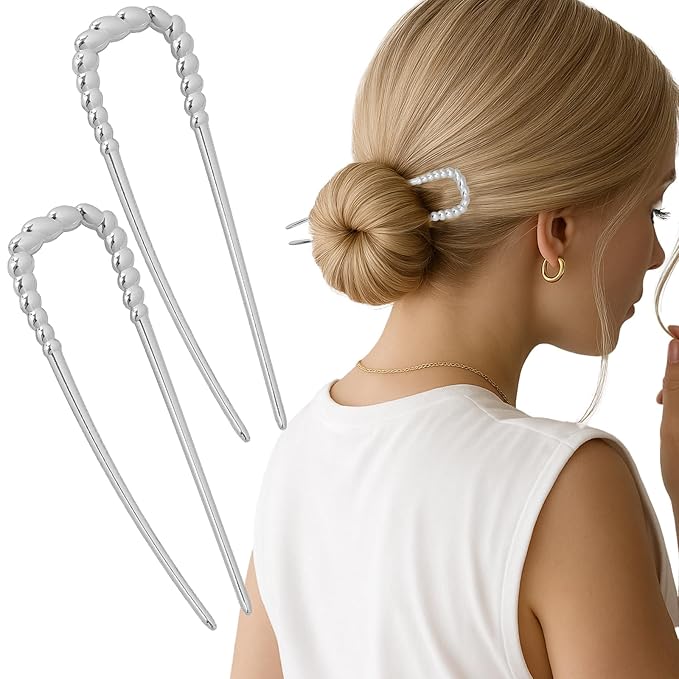 2PCS 5.5Inch French Hair Pins Large U-Shaped Pins for Women and Girls Fashion Metal Hair Pin French Twist Hair Pins for Buns, Updos,Stylish and Functional(set4-silver)