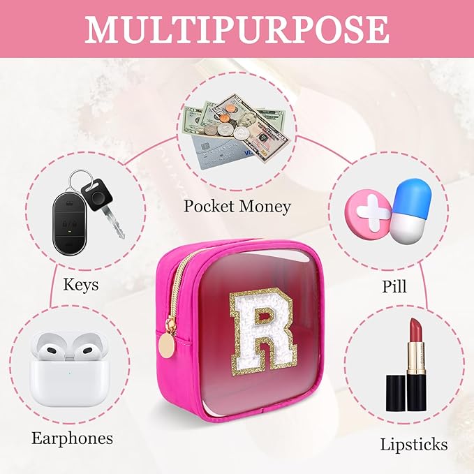 Mini Clear Personalized Initial Makeup Bag,Nylon Preppy A-Z Chenille Letter Patch Zipper Cosmetic Bag, Small Cute Beach Pouch Travel Purse Sanitary Napkin Storage Bag for Women Girls(Hot Pink-White R)