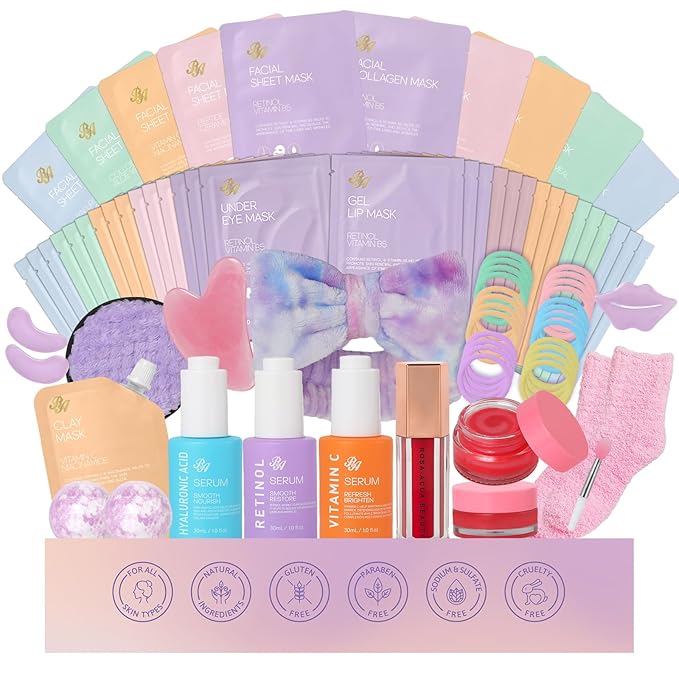 Face Sheet Masks Pack, 55 Pcs Skin Care Kit, Spa Kit Gift for Women, Real Deep Hydrogel Collagen Mask, Hyaluronic Acid Face Serum, Clay Mask, Gel Eye Mask, Lip Gloss, Christmas, Birthday, Anniversary