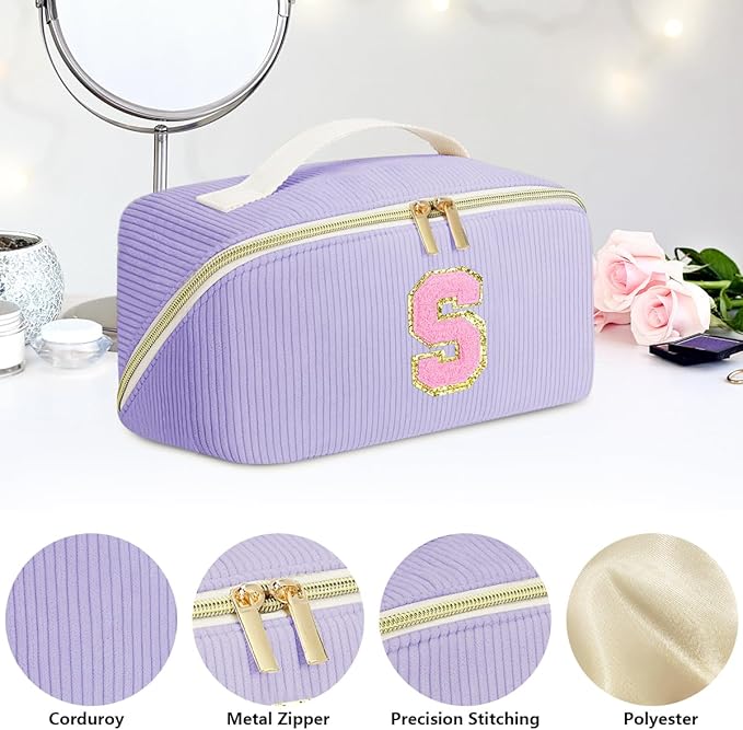 Personalized Initial Makeup Bag,Christmas Gifts for Girl,Preppy Bag Cosmetic Travel Bag Women,Travel Toiletry Organizer,Large Capacity Corduroy Stuff Bag,Cute Cosmetic Pouch Skincare Bag-T