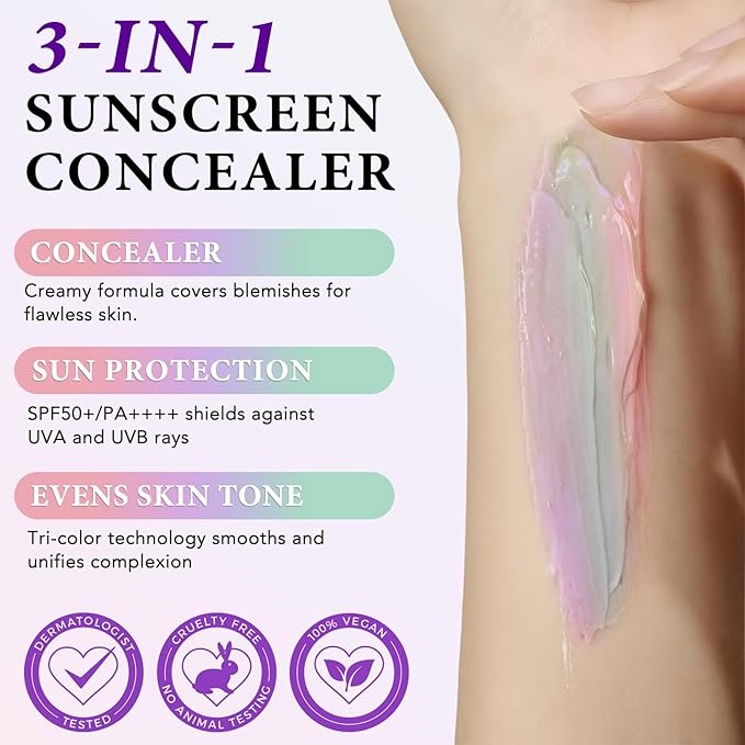 3 Color Sunscreen Concealer Cream, SPF50+ Face Moisturizing Sunscreen Skin Tone Correcting Isolation Cream, Even Skin Tone & Natural Radiance, Oil-Control & Hydrating Color Correcting Makeup Primer