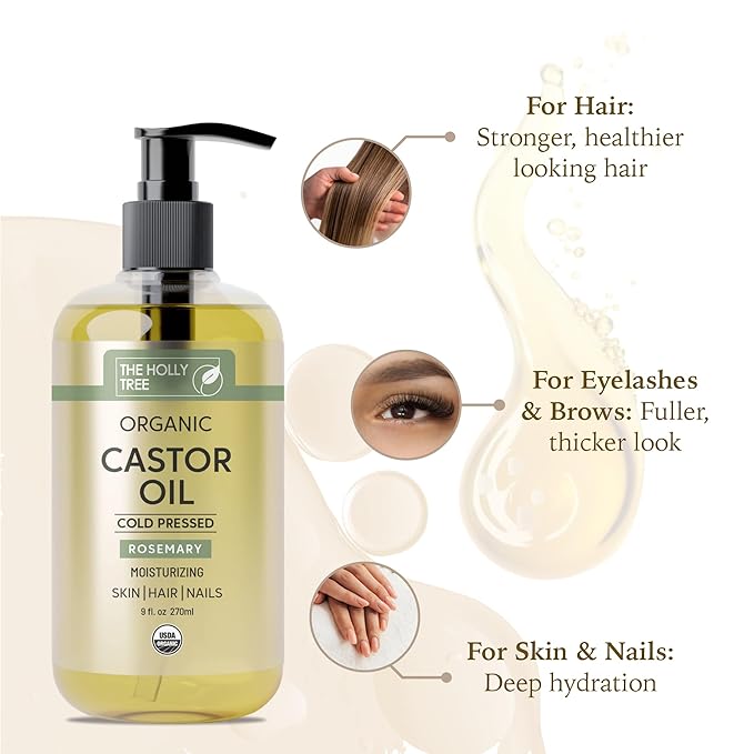Organic Castor Oil 9 fl oz - Rosemary Infused Cold Pressed - 100% Pure & Hexane Free - Castor Oil for Hair Growth - Moisturizing & Nourishing for Face & Body - The Holly Tree