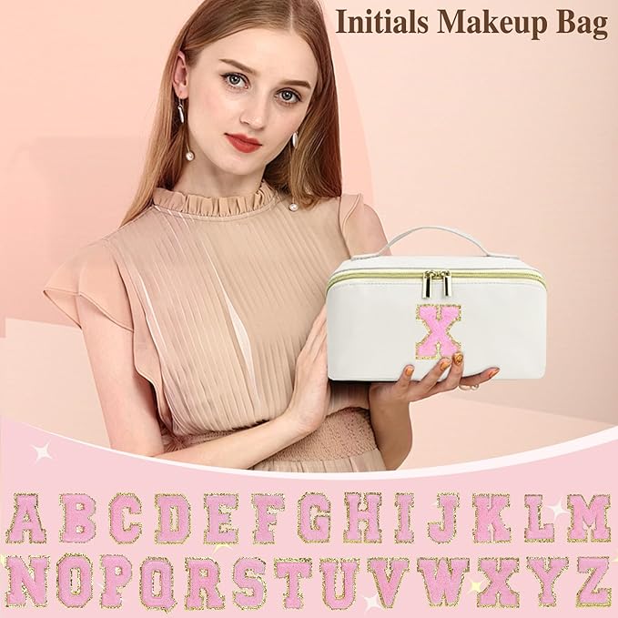 for Christmas Day Gifts, Makeup Bag for Women, PU Leather Travel Toiletry Bags, Initial Make Up Cosmetic Pouch for Teen Girls, Wide Open Portable Skincare Bag, Personalized Birthday Gifts, White V