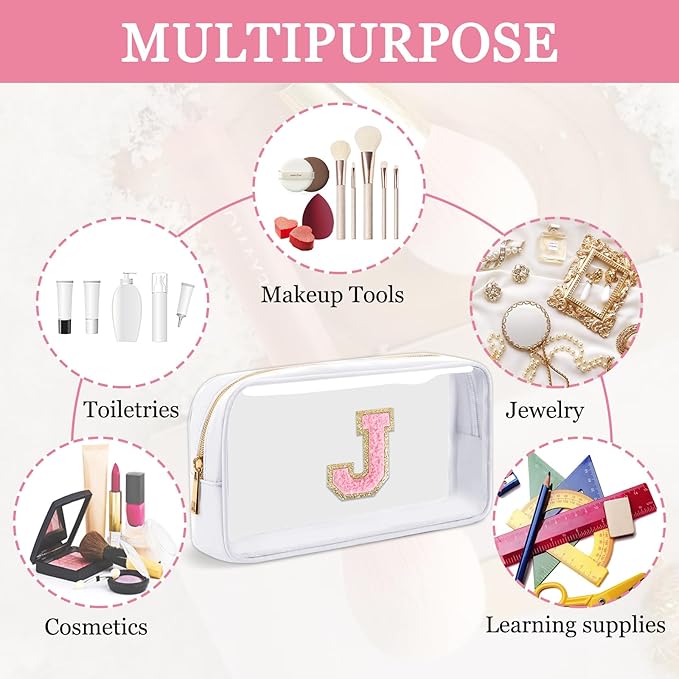 Small Clear Personalized Initial Makeup Bag,Nylon Preppy A-Z Chenille Letter Patch Cosmetic Pouch Beach Toiletry Bag,Waterproof Zipper Travel Purse Storage Bag Organizer for Women Girls(White-Pink J)