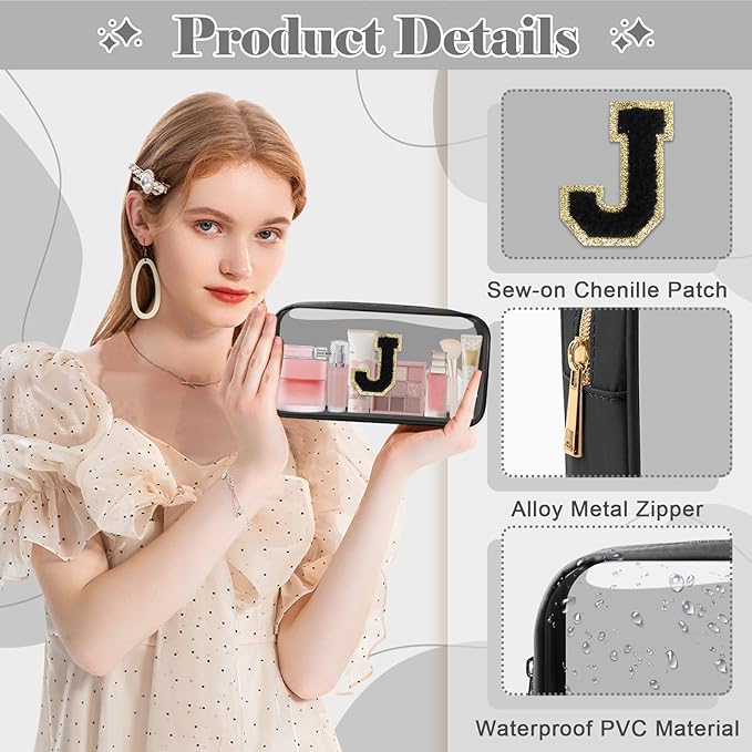 Personalized Initial Letter Clear Makeup Bag,Preppy Small Nylon&PVC Cosmetic Zipper Bag with Chenille Letter,Travel Skincare Toiletry Bag,Monogram Christmas Gift for Teen Girls Women,J