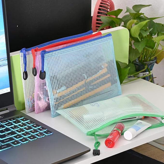AUSTARK 10 Pcs Zipper File Bags, Waterproof Plastic Mesh Pouch for Office School, Board Game Storage Bags (B6 Size 7.6''x5.3'', Multicolored)