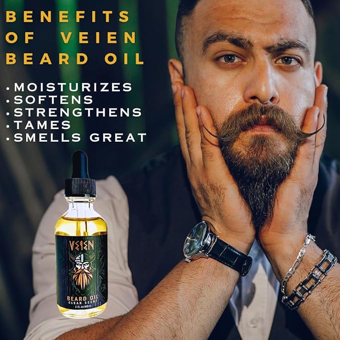 Veien Beard Oil for Men Premium All-Natural 2floz Made in USA for Thicker Darker Fuller Growth Moisturizes Conditions Softens Strengthens Smooths Frizz Hydrates for All Hair & Skin Types Reduces Itch