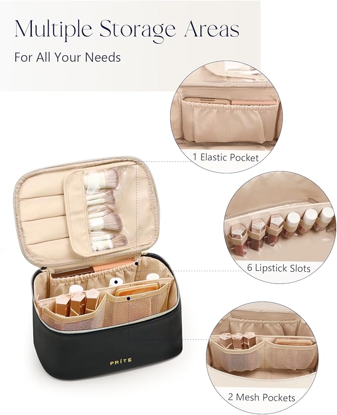 Prite Makeup Bag Portable Cosmetic Organizer with Brush Holder Waterproof Travel Toiletry Bag for Women with Handle and Divider (Black)