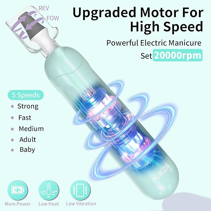 Manicure Pedicure Kit for Women, Professional Nail Grinder for Senior Thick Toenail, Cordless Electric Nail File, 5 Speeds Pedicure Tools for feet Callus Remover, Nail Drill for Women Hand Feet Care