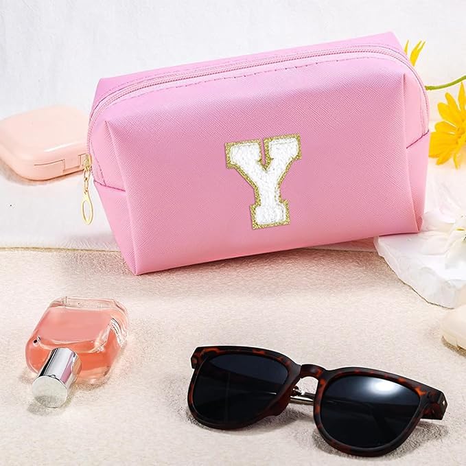 Initial Makeup Bag Personalized Preppy Travel Small Cosmetic Bag Cute PU Pink Chenille Letter Makeup Pouch for Purse Waterproof Zippered Toiletry Organizer for Women Girls Kids Friends (Y)
