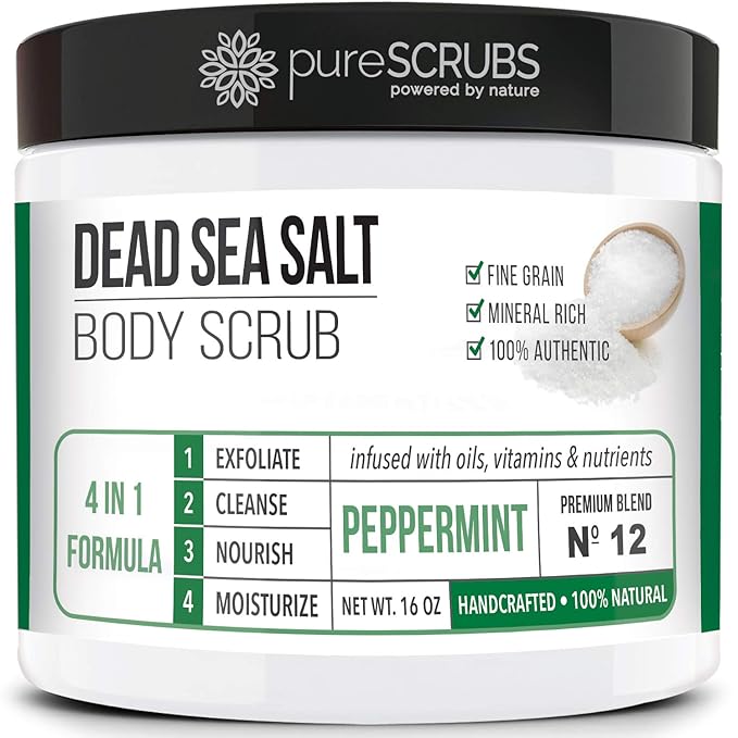 pureSCRUBS Premium Sea Salt Body Scrub Set - Large 16oz Peppermint Scrub With Infused Essential Oils & Nutrients, Includes Wooden Spoon, Loofah & Oatmeal Exfoliating Bar Soap