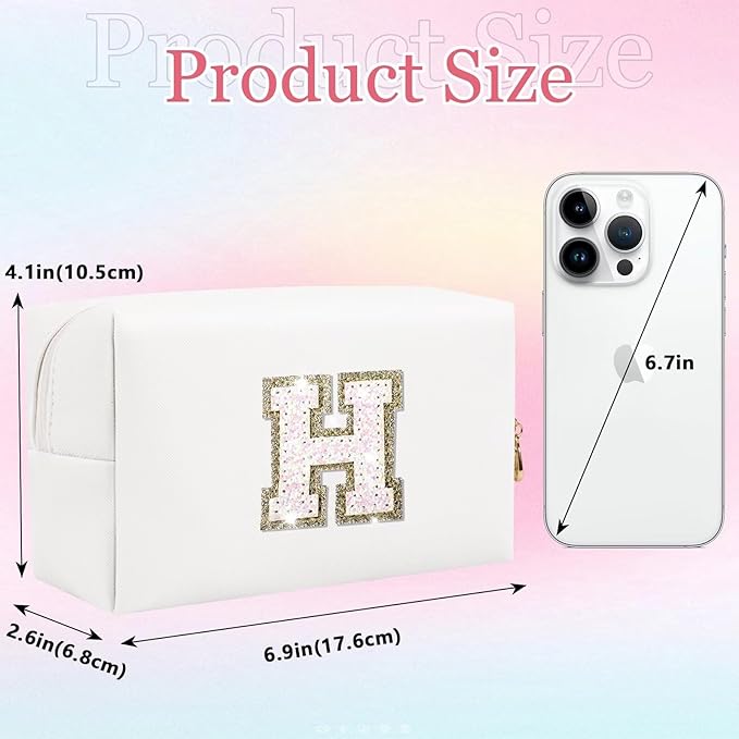 Small Personalized Glitter Initial Letter Makeup Bag, Cute PU Leather Chenille Letters Cosmetic Bag Travel Makeup Pouch, Preppy Travel Organizer Zipper Pouch for Women&Girls（White-H）