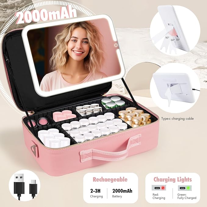 15''X11'' Large Makeup Bag with Removable Lighted Mirror, Professional Travel Makeup Train Case PU Leather Cosmetic Make up Organizer with Adjustable Dividers & Brush Storage Board