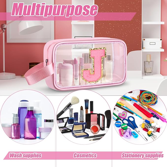 Initial Makeup Bag,Letter J Cute Clear Monogrammed Cosmetic Travel Bag for Womens Girls,Personalized Pink Aesthetic Traveling Make Up Organizer Bag for Beach,Waterproof Toiletry Bag