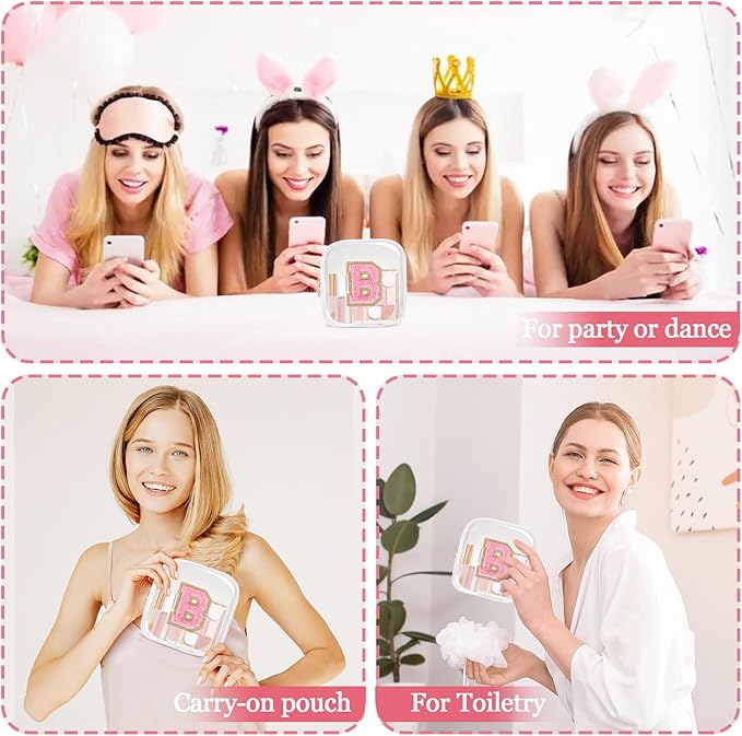 Mini Clear Personalized Initial Makeup Bag,Nylon Preppy A-Z Chenille Letter Patch Zipper Cosmetic Bag, Small Cute Beach Pouch Travel Purse Sanitary Napkin Storage Bag for Women Girls(White-Pink B)