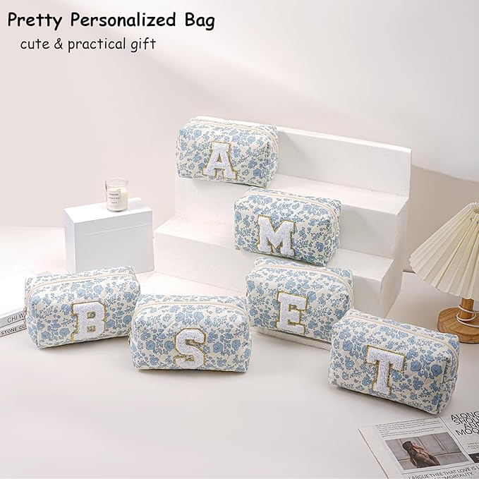 Gleyemor Personalized Initial Makeup Bag for Women, Cute Quilted Blue Floral Cotton Cosmetic Bag, Christmas Gifts for Her Mom Friend Sister Bridesmaid Teacher Women N