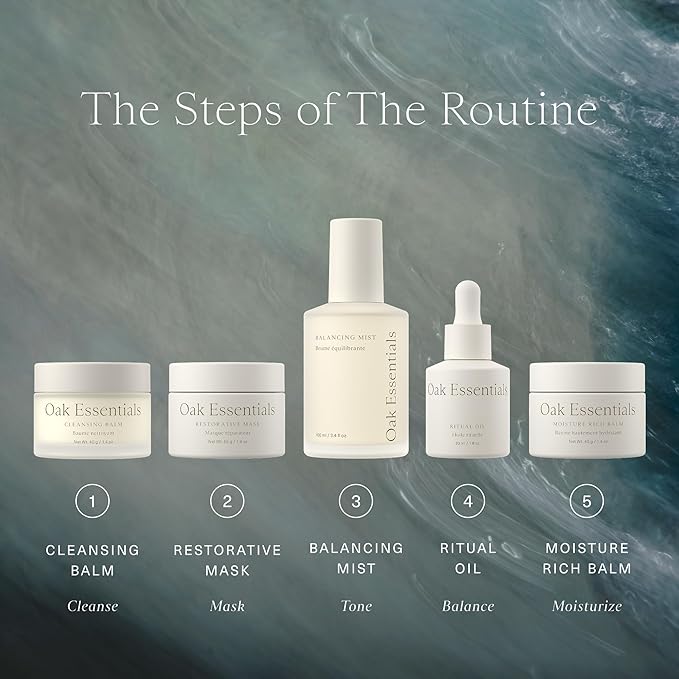 Oak Essentials The Routine At-Home Facial Gift Set | 5-Step Anti-Aging Skincare Routine with Blue Tansy Oil, Cleansing Balm & Face Mask
