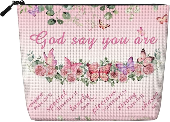 MOLAIGIN Prayers Religious Inspirational Positive Thoughts And Quotes Pink Rose Butterfly Cosmetic Bag For Women, Travel Makeup Bag, Toiletry Zipper Bag, Large Capacity Aesthetic Cases