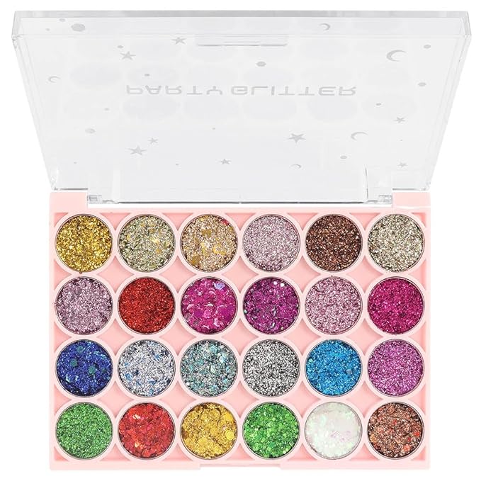 evpct 24 Colors Glitter Eyeshadows Palette Makeup for Women, Black White Pink Green Blue Rainbow Sparkle Neon Metallic Shimmer Shiny Eyeshadow Palette, Body Pressed Eye Shadow Glitter Palettes Makeup
