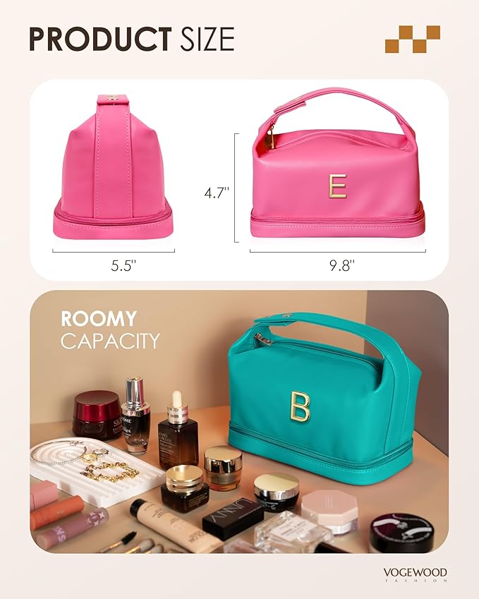 Teenage Girl Gifts 13-15, Personalized Makeup Bag with Handle, Initial Double Layer Cosmetic Bag with Makeup Brush Organizer, Cute Cosmetic Pouch for Women, Gifts for Female Mom