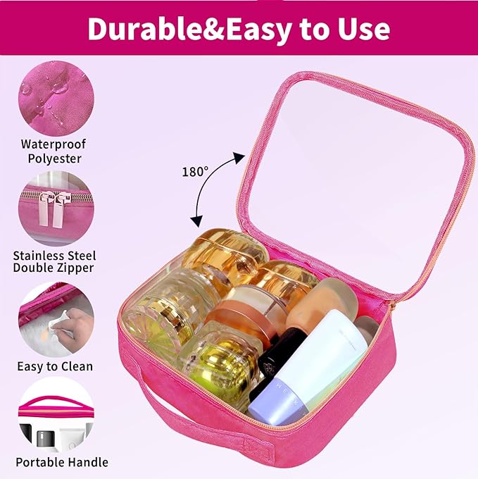 TSA Approved Travel Toiletry Bag,3 Pack Clear Makeup Bags with Handles,Quart Size Clear Cosmetic Bags for Traveling Women,Men,Carry on Airport Airline Compliant Bag,Rose Red