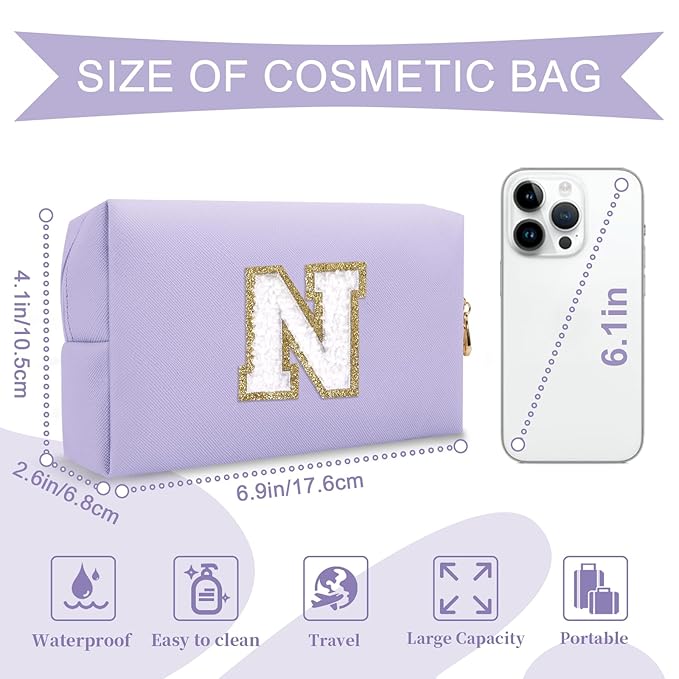 Personalized Makeup Bag Initial A-Z Preppy Patch Bag,Small PU Leather Travel Cosmetic Bag Pouch with Zipper,Purple Cute Toiletry Bag,Gift Ideal for Teen Girls Women Birthday Friend Mom,Latter N