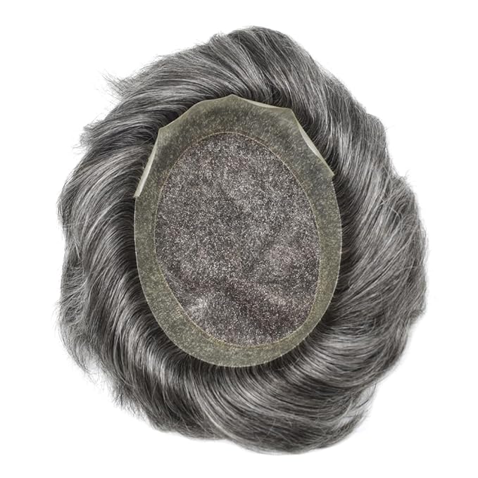 FACE MIRACLE Toupee for Men French Lace Hairpiece Human Hair Replacement System Skin PU Mens Toupee Hair Wigs for Man V-Looped Front Hair Prosthesis 7"X9" #1B50 1B# OFF BLACK WITH 50% SYNTHETIC GREY