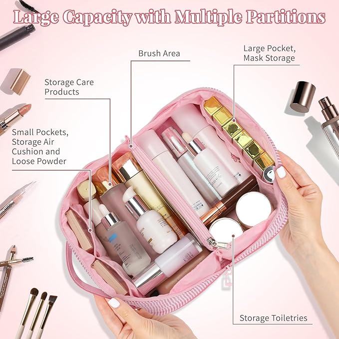 Travel Makeup Bag for Women, 2Pcs Portable Personalized Initial Makeup Organizer Bag, Open Flat Large Cosmetic Bag With Travel Essential Pouch (Pink Letter E)