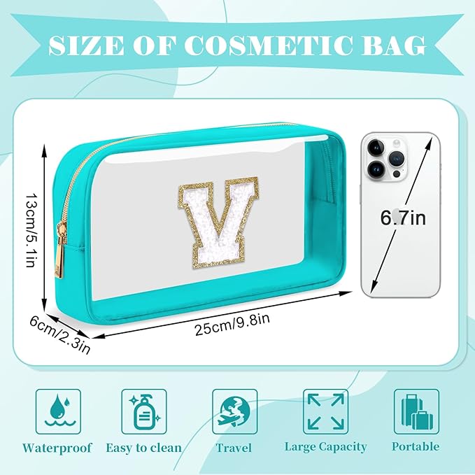 Personalized Initial Letter Clear Makeup Bag,Preppy Small Nylon&PVC Cosmetic Zipper Bag with Chenille Letter,Portable Beach Travel Skincare Toiletry Bag,Trendy Monogram Gift for Teen Girls Women,V