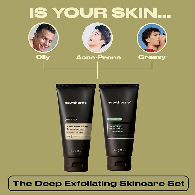 Hawthorne Deep Exfoliating Men’s Skin Care Kit. Exfoliating Men’s Facial Care Kit With Charcoal Face Wash Cleanser and Everyday Face Lotion For Normal to Oily Skin. Natural, Non-Toxic. 4 Fl. Oz. Each.