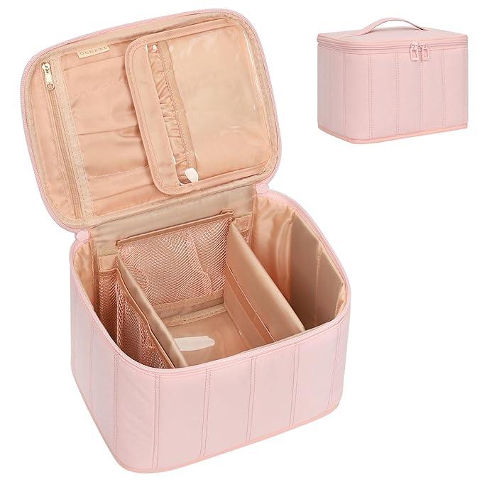 OCHEAL Travel Makeup Bag, Cosmetic Bags for Women Makeup Case Organizer Large Capacity Travel Toiletry Bag Storage Bags with Divider and Handle for Cosmetics Toiletries Brushes Tools-Pink