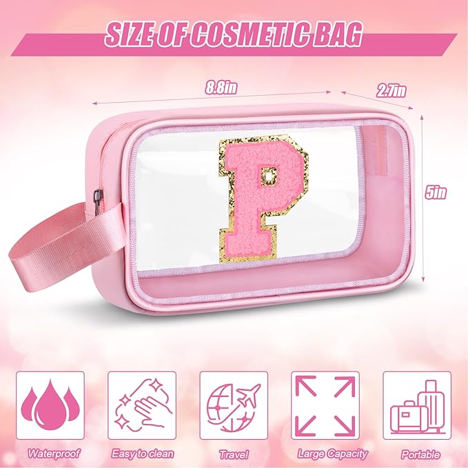 Initial Makeup Bag,Letter P Cute Clear Monogrammed Cosmetic Travel Bag for Womens Girls,Personalized Pink Aesthetic Traveling Make Up Organizer Bag for Beach,Waterproof Toiletry Bag