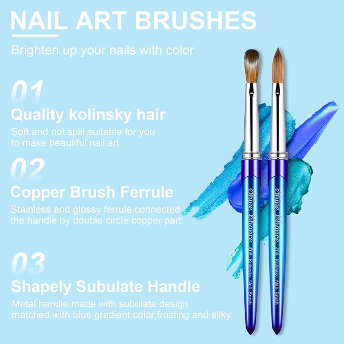 Acrylic Nail Brush Size 8, 100% Pure Kolinsky 3D Art Nail Brush with Gradient Blue Handle, Art Design Powder Nail Brush Pen for Nails Extension & Carving, Acrylic Application Tools