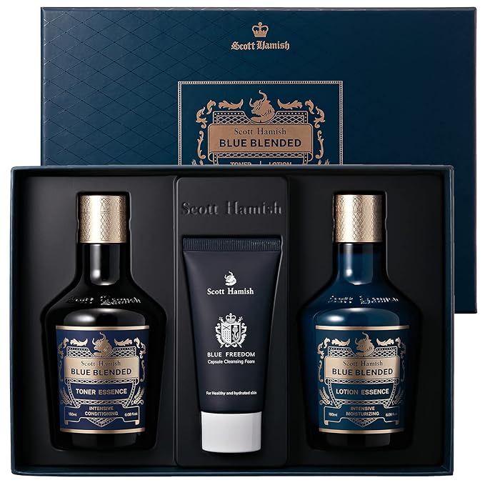 Scott Hamish Blue Blended Set - Skincare Set for Men with Face Wash, Face Toner & Facial Emulsion – Intensive Moisturizing and Conditioning Aftershave Kit Enriched - Bergamot & Musky Scent