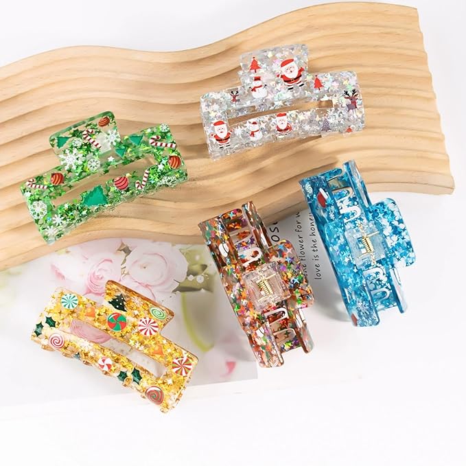 Christmas Hair Clips, Square Hair Claw Clips for Thick/Thin Hair, Green Glitter Snowflake Christmas Tree Design Medium Claw Clips, Strong Hold & Non-Slip Hair Styling Accessories for Xmas 1PCS