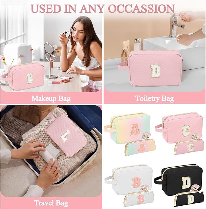 Personalized Initial Makeup Bag Trendy Stuff Leather Waterproof Cosmetic Bag Travel Toiletry Bag, Christmas/Thanksgiving/Halloween Gifts Makeup Organizer Case for Women Girls Mom Girlfriend Wife