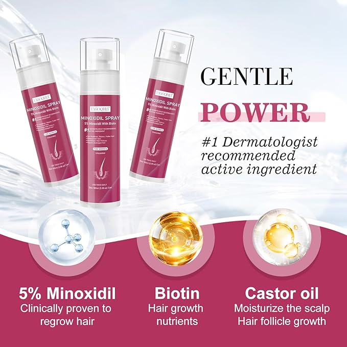 5% Minoxidil for Women Hair Regrowth Spray, hers hair regrowth treatment Infused with Biotin, Extra Strength Treatment to Combat Hair Loss and Thinning, 3 Bottles
