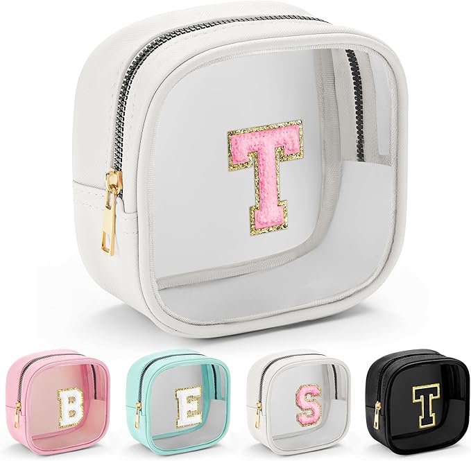 YOOLIFE Initial Make Up Bag Travel Toiletry Bag, Clear Makeup Bag Preppy Cosmetic Bags Organizer Travel Essentials Gifts for Women Teen Girlfriend Teacher Mom Birthday Mothers Day Gifts White T