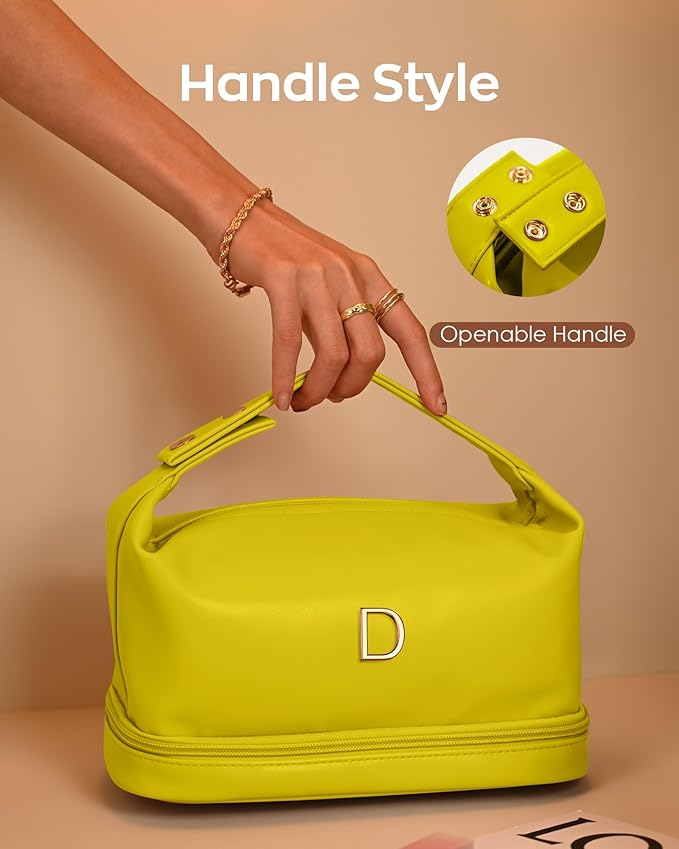 Gifts for Young Women, Personalized Makeup Bag with Handle, Initial Double Layer Cosmetic Bag with Makeup Brush Organizer, Cute Cosmetic Pouch for Women, Gifts for Friends Female Mom
