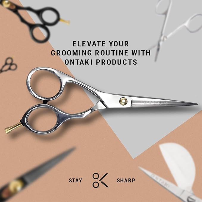 Ontaki Hair Scissors for Beard & Mustache - 5.5" 420C Japanese Steel, Silver, Right Hand - Hand-Forged Hair Cutting Scissors with Ergonomic Handles - Includes Beard Comb with Handle & PU Leather Pouch