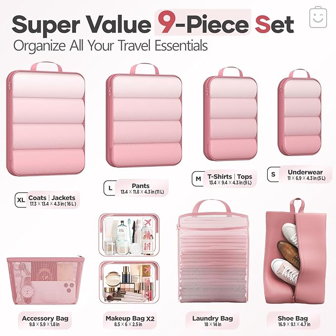 Veken 9/11 Set Compression Packing Cubes for Travel Essentials,Compressible Expandable Large Luggage Suitcase Organizer Bags for Clothing,Durable Space Saver Storage Bags with Toiletry Bags(Pink)