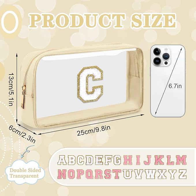 Small Clear Personalized Initial Makeup Bag,Nylon Preppy A-Z Chenille Letter Patch Cosmetic Pouch Beach Toiletry Bag,Waterproof Zipper Travel Purse Storage Bag Organizer for Women Girls(Beige-White C)