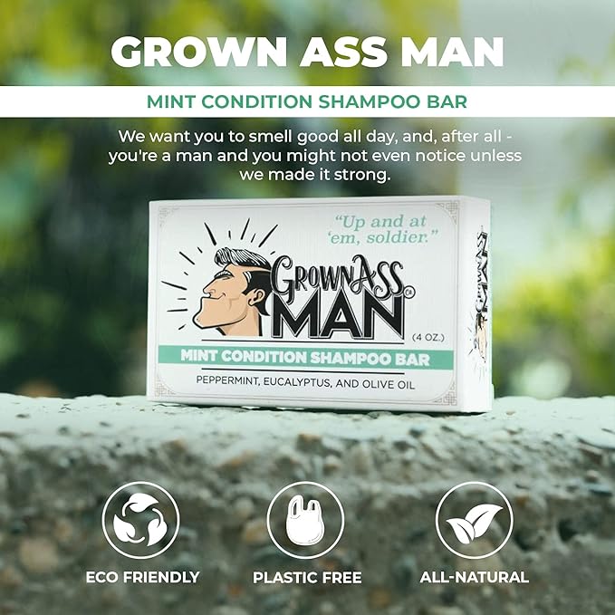 Grown Ass Man Co. - Solid Shampoo Bar Rich Lather 3 in 1: Hair, Beard & Body Wash - Plastic Free & Eco-Friendly, Natural & Organic Clean for All Hair Types, 4oz Bar (Mint Condition, Single)