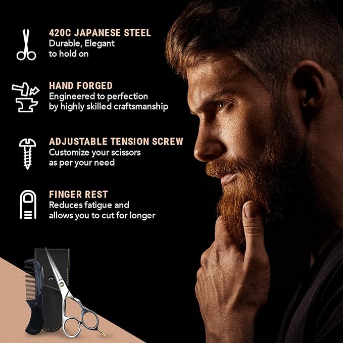 Ontaki Hair Scissors for Beard & Mustache - 5.5" 420C Japanese Steel, Silver, Right Hand - Hand-Forged Hair Cutting Scissors with Ergonomic Handles - Includes Beard Comb with Handle & PU Leather Pouch