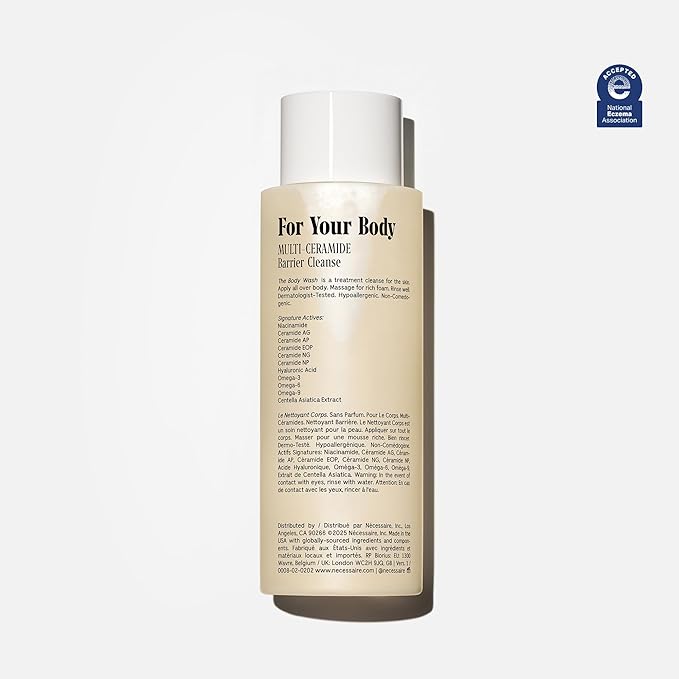 Nécessaire The Body Wash. Fragrance-Free. Multi-Vitamin Gel Cleanser. Nourish, Soften. Hypoallergenic. Dermatologist-Tested. No SLS/SLES. 250 ml / 8.4 fl oz