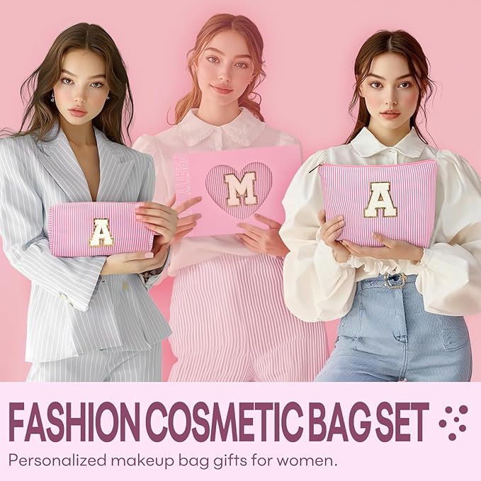 2 PCS Initial Makeup Bags for Women: Cosmetic Bag for Travel Toiletry - Birthday Gifts for 11 12 13 14 15 16 17 18 Years Old Girl Graduation Teacher Gift- Teen Girl Gifts Trendy Stuff - Pink G