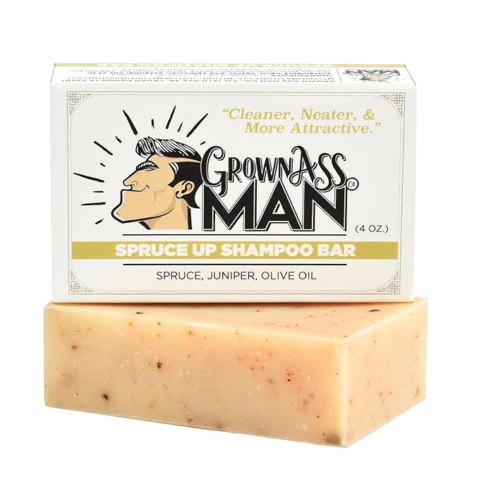 Grown Ass Man Co. - Solid Shampoo Bar Rich Lather 3 in 1: Hair, Beard & Body Wash - Plastic Free & Eco-Friendly, Natural & Organic for All Hair Types, 4oz Bar (Spruce Up, 6-Pack)