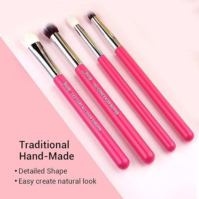 Jessup Professional Natural-Synthetic Eye Makeup Brushes Set 15pcs for Eyeshadow Blending Concealer Eyeliner Eyebrow, Rose Carmine/Silver T197